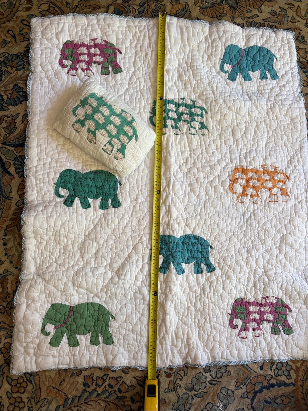 White Quilted Elephant Print Baby Quilt - Multicolor